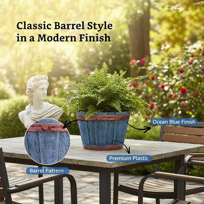 Rustic Barrel Planter Pots, Set of 3 – Round 8 Inch Weathered Wood-Style Flower Pots for Indoor & Outdoor Use, Home, Balcony, Terrace & Office Decor
