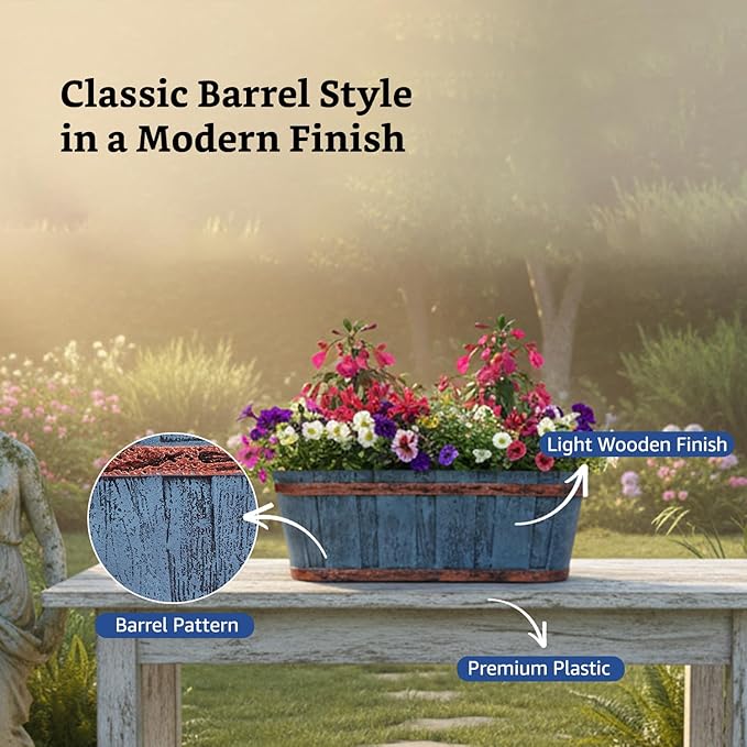 Rectangular Wood Barrel Planter Pots – 21 Inch Indoor/Outdoor Balcony, Home & Office – Set of 2