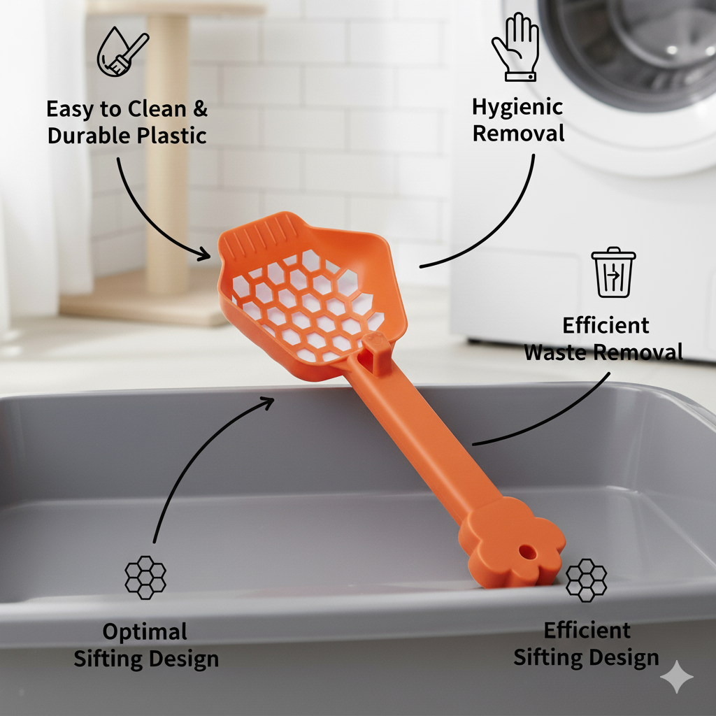Premium Plastic Cat Litter Scoop with Honeycomb Filter & Ergonomic Paw Handle – Easy Sifting Poop Scooper for Cats & Kittens
