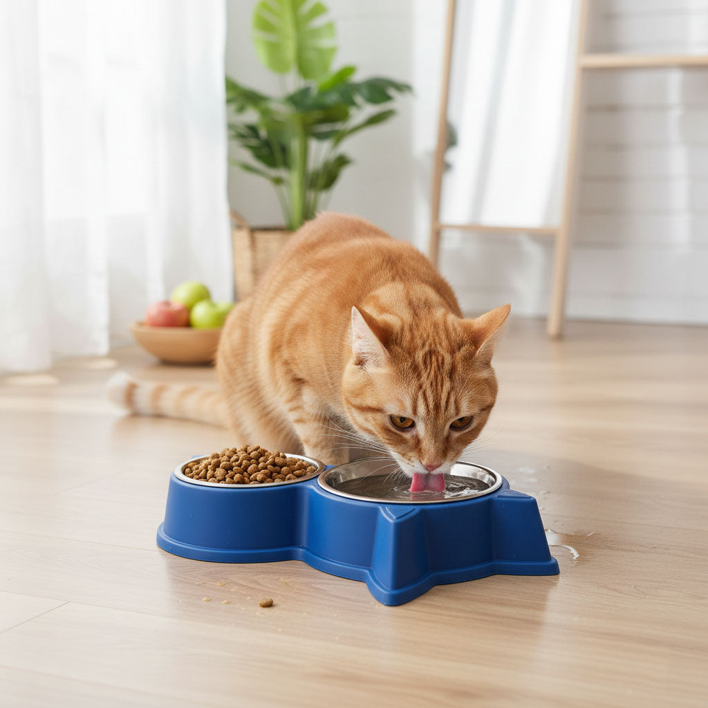 Cat & Dog Ear Double Bowl Pet Feeder – Stainless Steel Bowls, Non-Slip Base – 11.5 Inch