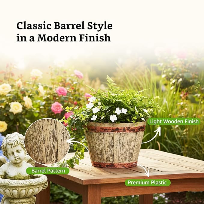 Wooden Barrel Design Flower Planter Pot – 12 Inch Round Indoor/Outdoor Set of 2 – Rustic Whiskey Barrel Style Plant Pots for Home, Balcony, Terrace & Office Decor