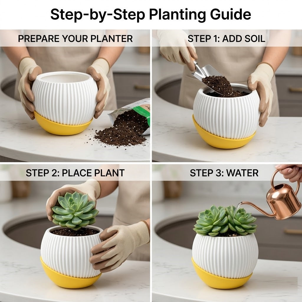 7" Melon Ceramic Planter with Moon Tray (Peach, Set of 2)