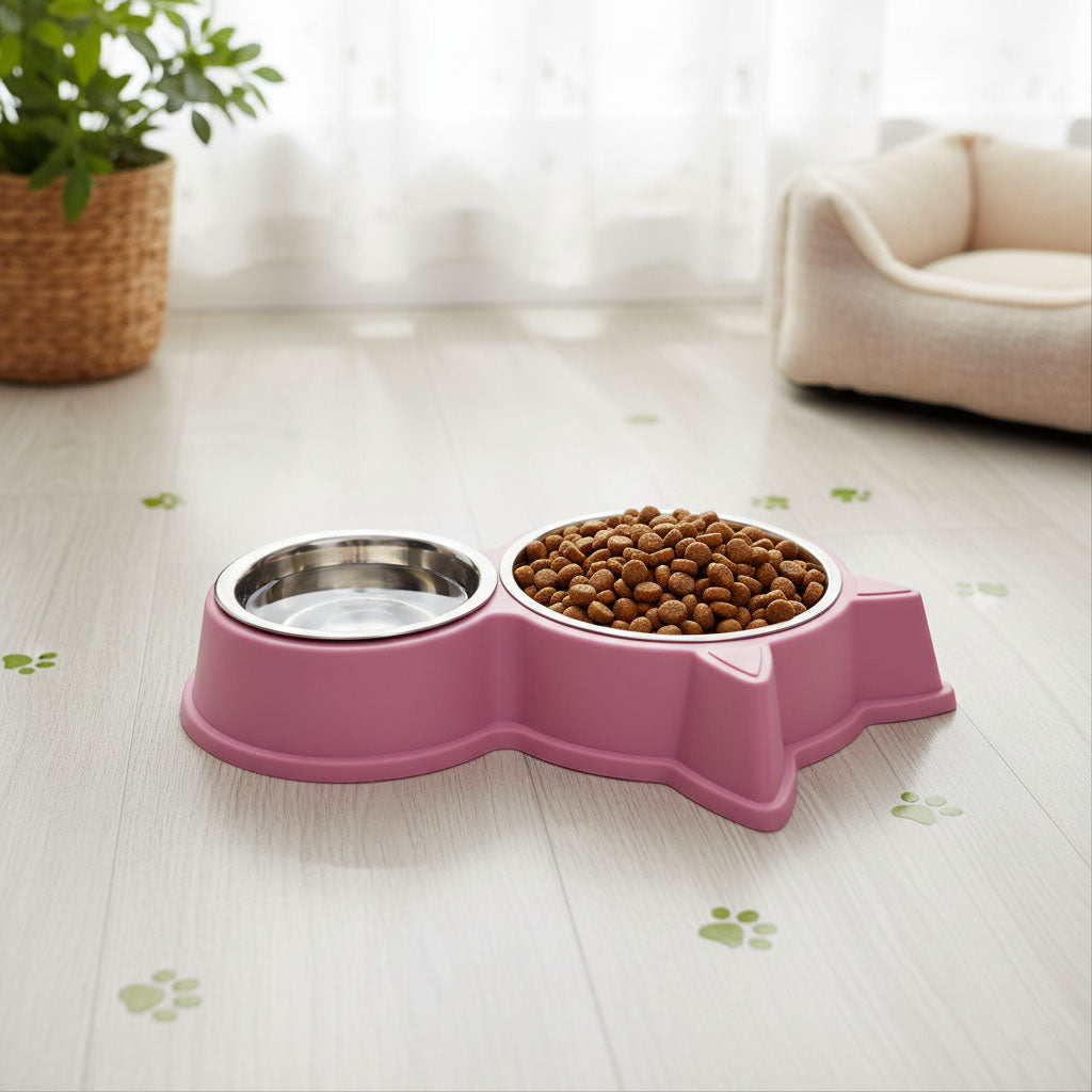 Cat & Dog Ear Double Bowl Pet Feeder – Stainless Steel Bowls, Non-Slip Base – 11.5 Inch