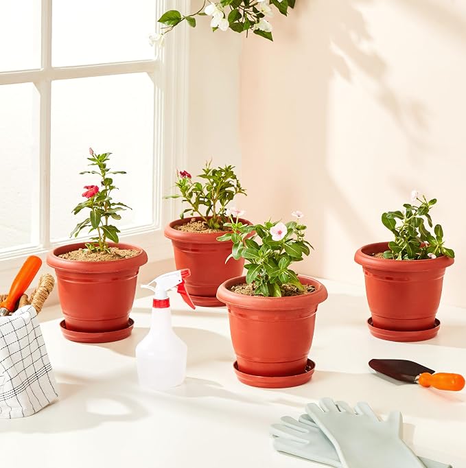 Round Pots for Plants with Bottom Tray | Indoor and Outdoor Flower Pot | 8 inch, Set of 4 |