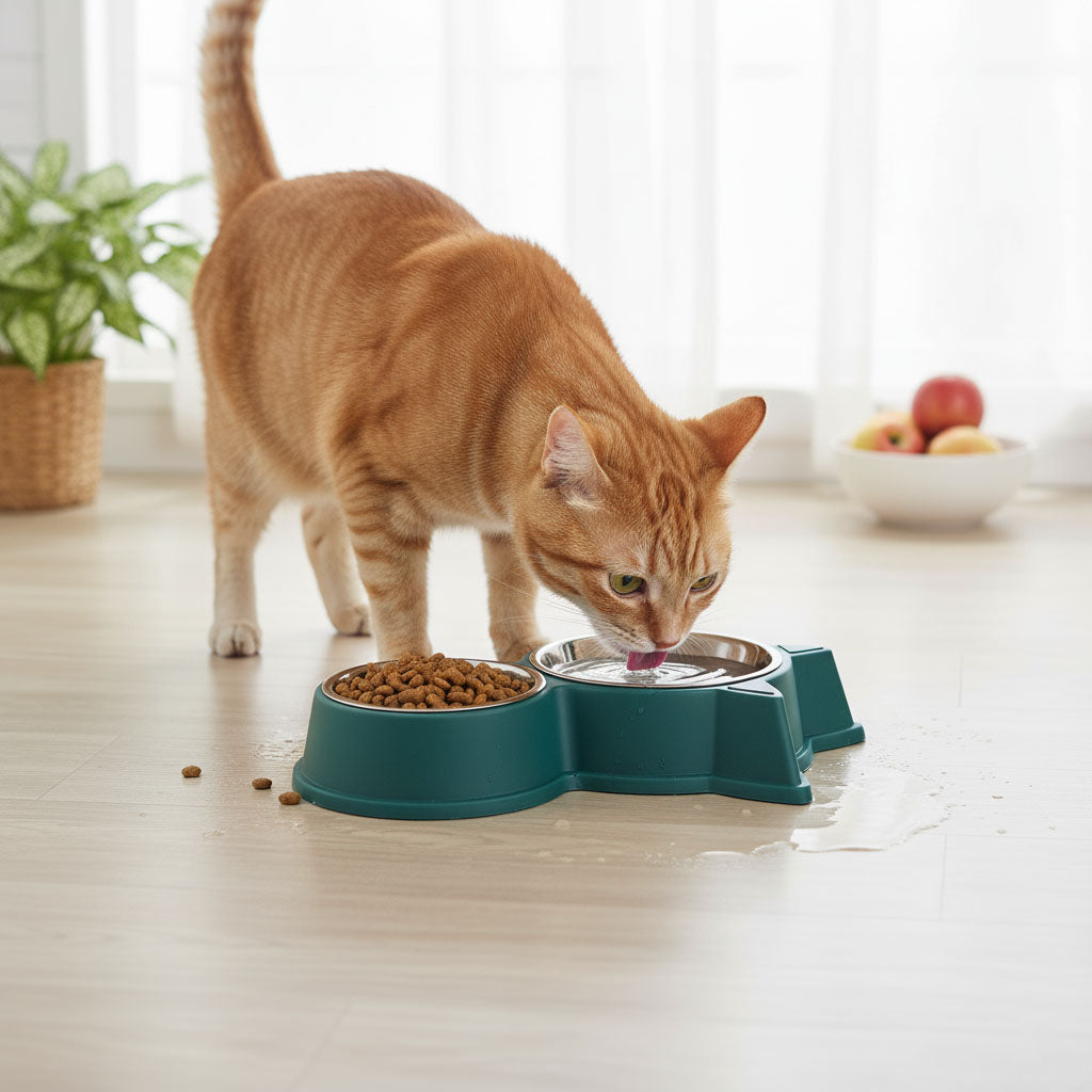 Cat & Dog Ear Double Bowl Pet Feeder – Stainless Steel Bowls, Non-Slip Base – 11.5 Inch