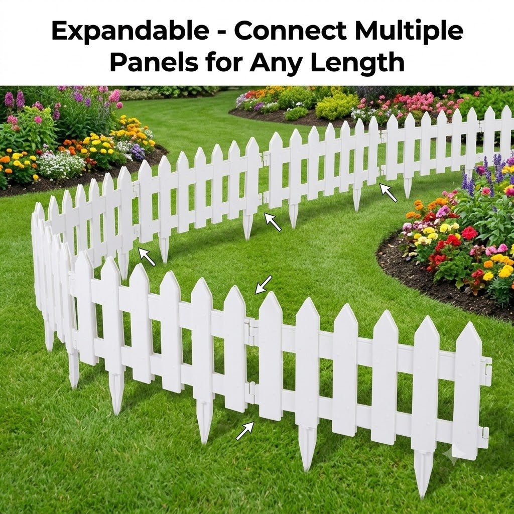 Decorative Picket Border Edging with Ground Stakes Flexible Interlocking Design for Lawn, Flower Beds & Landscaping