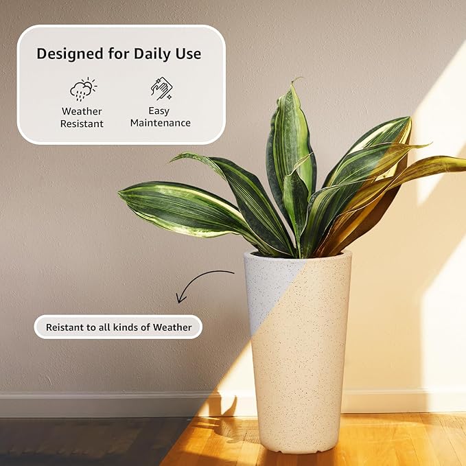 Indoor and Outdoor Round Flower Planter Pot – 17.5 Inch/43.5 cm Tall – Speckled White Terrazzo Finish – Durable Weather-Resistant Planter for Terrace, Home, Office & Balcony Décor – Set of 1