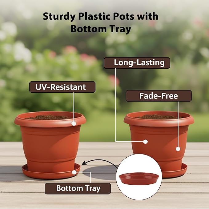 Round Plastic Plant Pots with Bottom Tray, Set of 12 – 8 Inch Lightweight Terracotta-Style Flower Pots