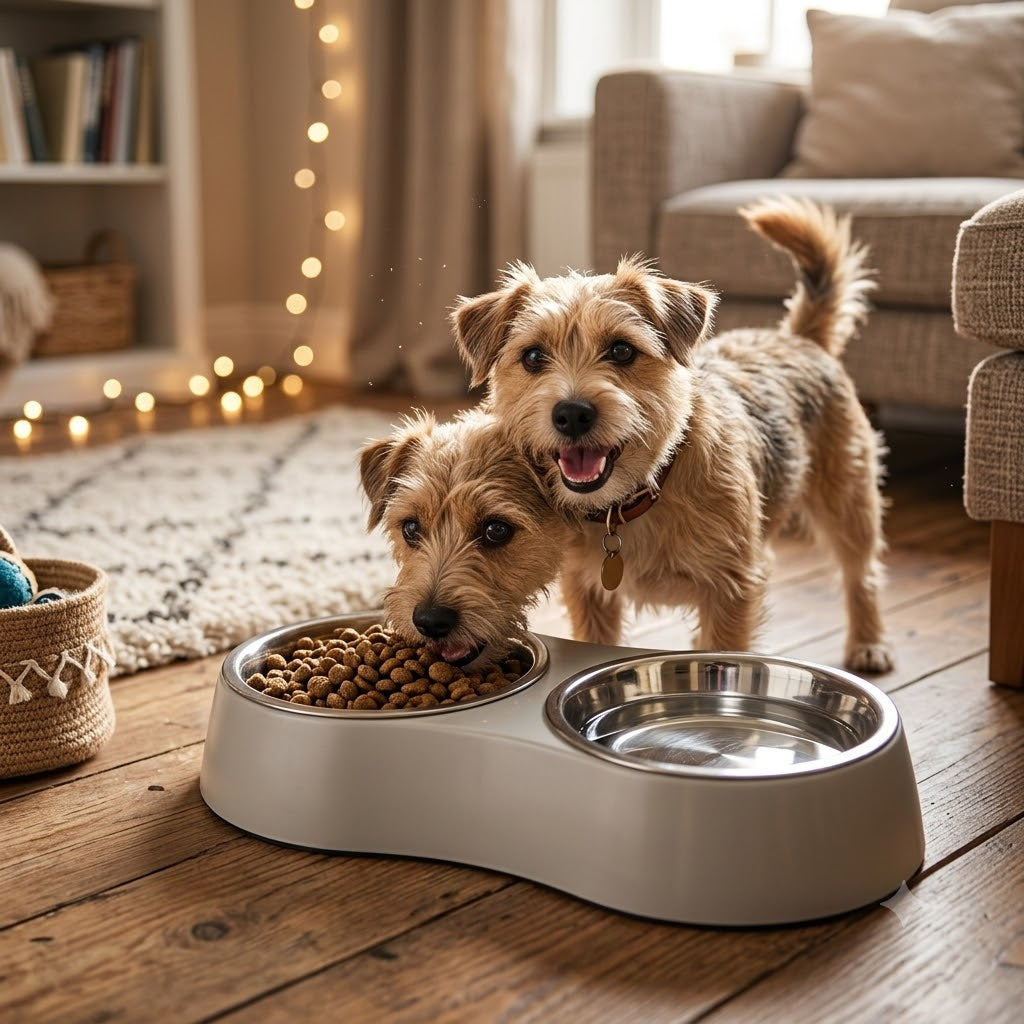 Stainless Steel Double Dog & Cat Bowl Set - 9.5 inch (24 cm), Anti-Skid Grey Stand