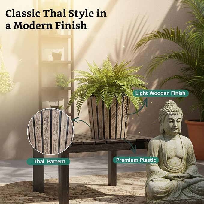 Ribbed Wood-Style Planter Pot Set of 2 – 12 Inch Round Indoor Outdoor Flower Pots for Home, Balcony, Terrace & Office Decor