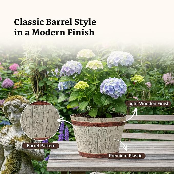 Whiskey Barrel Style Planters Set of 2 - 18" & 14" Round Flower Pots Rustic Farmhouse & Home Decor