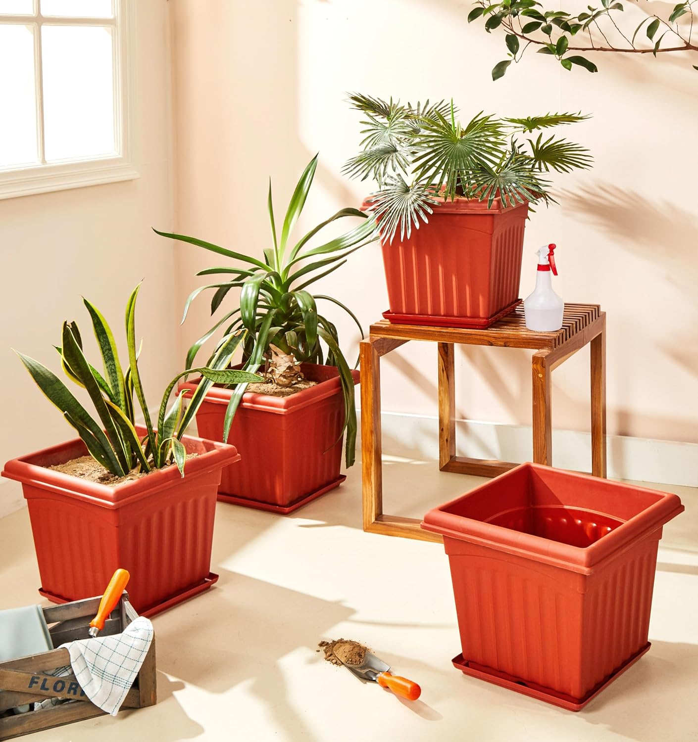 Square Plastic Planters with Bottom Trays – Set of 4, 14 Inch, Brown | UV Treated, Durable Flower Pots for Indoor & Outdoor Use – Home, Office, Balcony, Garden