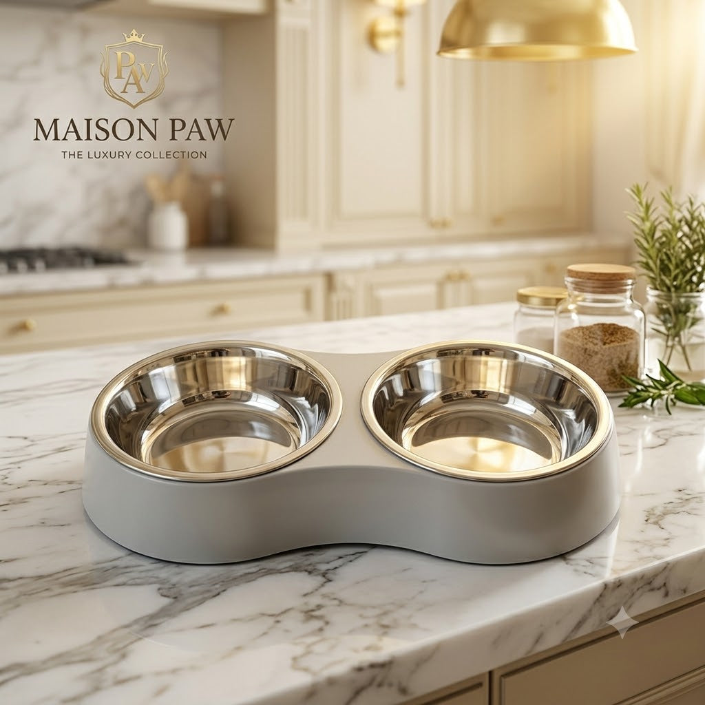 Stainless Steel Double Dog & Cat Bowl Set - 9.5 inch (24 cm), Anti-Skid Grey Stand