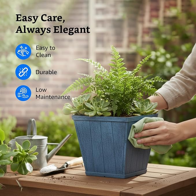 Square 10 Inch Barrel Flower Planter Pot, Weathered Wood-Finish Design /Home/Office Decor – Set of 2