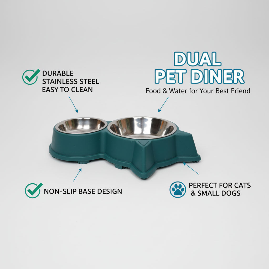 Cat & Dog Ear Double Bowl Pet Feeder – Stainless Steel Bowls, Non-Slip Base – 11.5 Inch