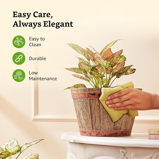Wooden Barrel Design Flower Planter Pot – 12 Inch Round Indoor/Outdoor Set of 2 – Rustic Whiskey Barrel Style Plant Pots for Home, Balcony, Terrace & Office Decor