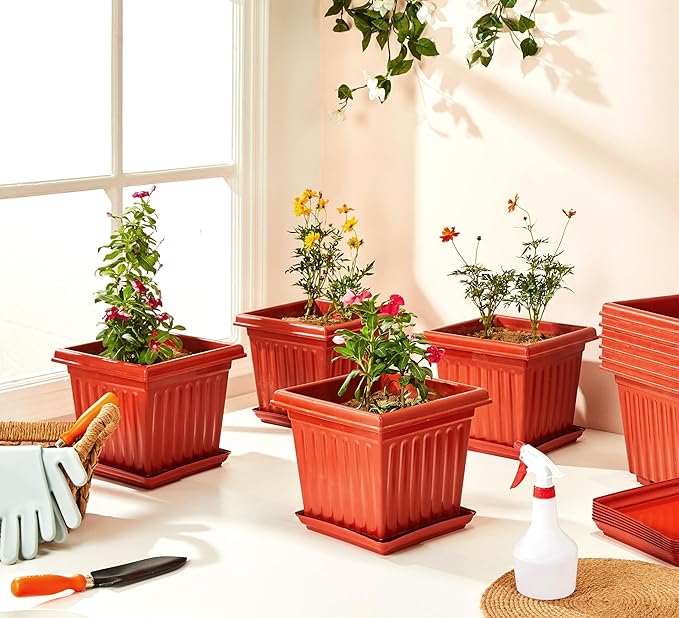 Square Plastic Pots for Plants with Bottom Tray – 10 Inch, Set of 10 – Durable Indoor & Outdoor Flower Pots for Home, Office, Balcony & Garden Decoration (Brown)