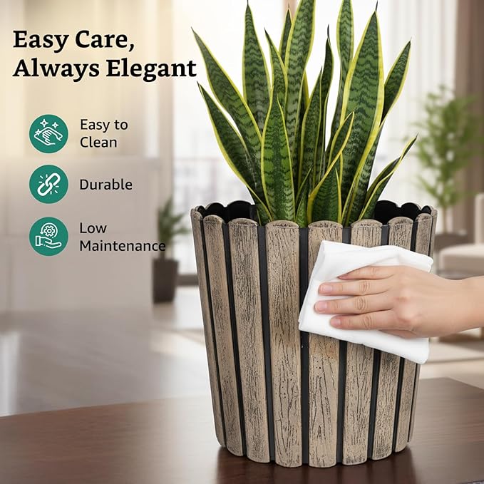 Ribbed Wood-Style Planter Pot Set of 2 – 12 Inch Round Indoor Outdoor Flower Pots for Home, Balcony, Terrace & Office Decor