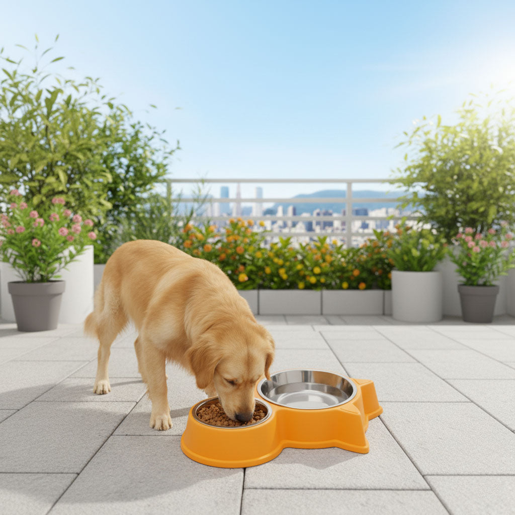 Cat & Dog Ear Double Bowl Pet Feeder – Stainless Steel Bowls, Non-Slip Base – 11.5 Inch
