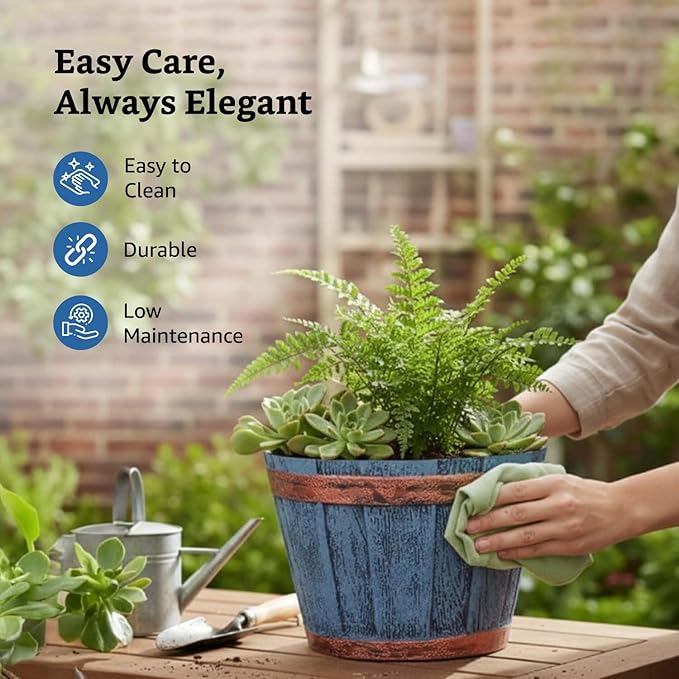 Rustic Barrel Planter Pots, Set of 3 – Round 8 Inch Weathered Wood-Style Flower Pots for Indoor & Outdoor Use, Home, Balcony, Terrace & Office Decor
