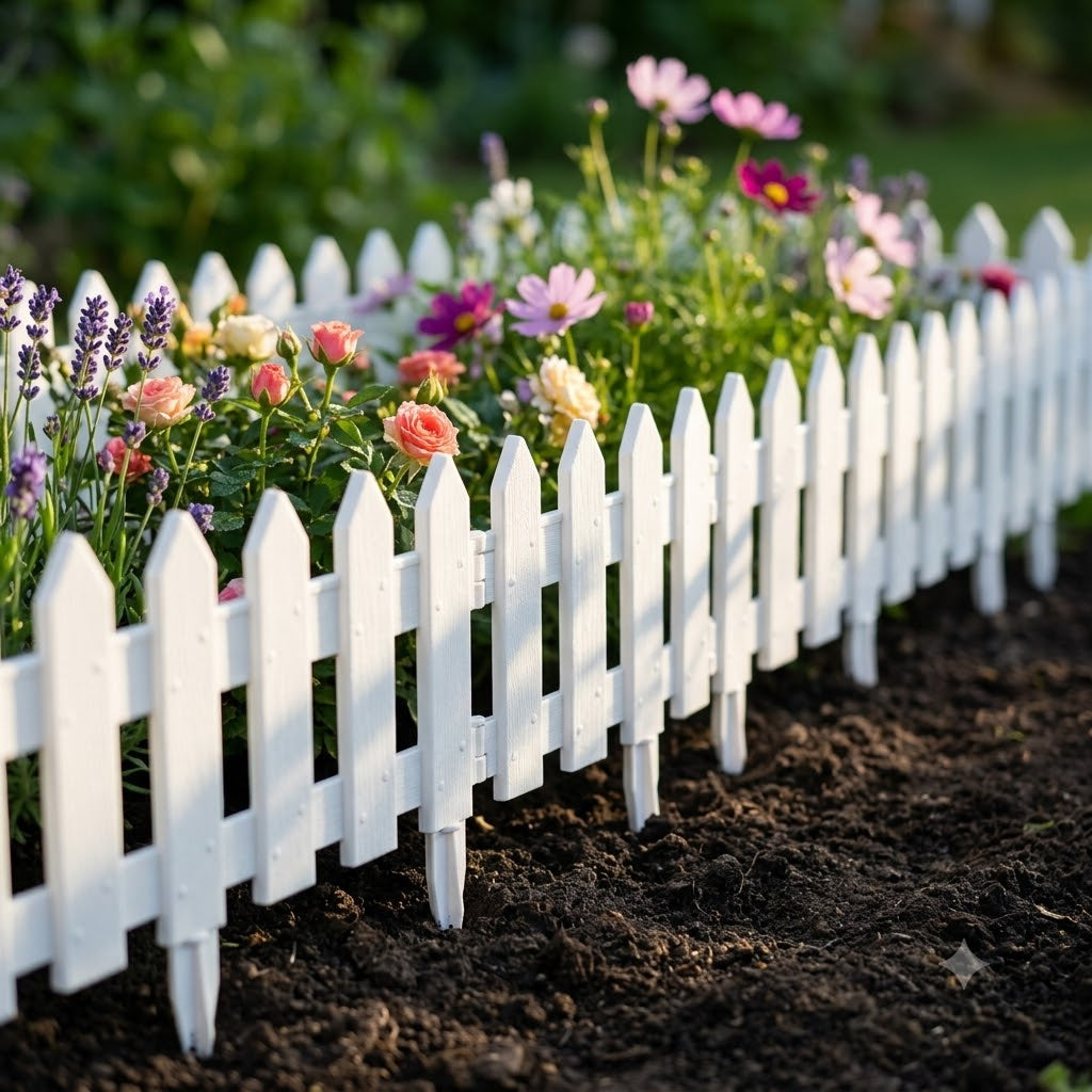 Decorative Picket Border Edging with Ground Stakes Flexible Interlocking Design for Lawn, Flower Beds & Landscaping