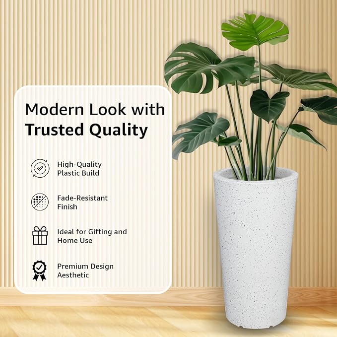 Indoor and Outdoor Round Flower Planter Pot – 17.5 Inch/43.5 cm Tall – Speckled White Terrazzo Finish – Durable Weather-Resistant Planter for Terrace, Home, Office & Balcony Décor – Set of 1