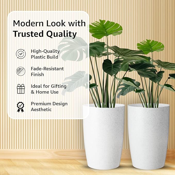 Round Tapered Planter Pots, 15.3 Inch Height, Speckled White Stone Finish – Indoor & Outdoor Décor, Set of 2