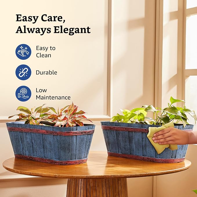 Rectangular Wood Barrel Planter Pots – 21 Inch Indoor/Outdoor Balcony, Home & Office – Set of 2