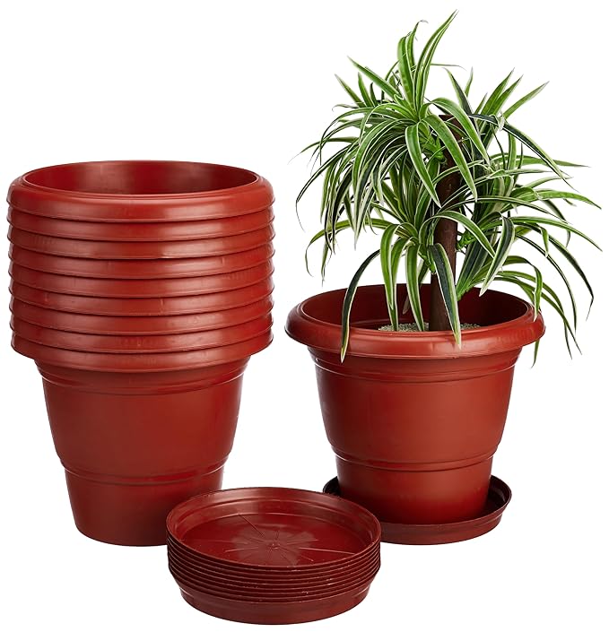 Round Plastic Pots for Plants with Bottom Tray | Indoor & Outdoor Flower Pots for Home, Office, Table, Garden, Balcony Decoration | 12 Inch, Set of 10 | Brown