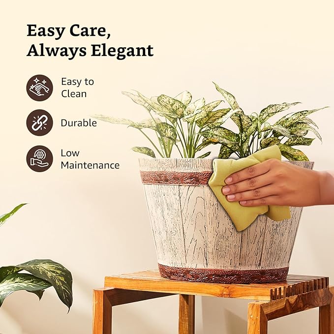 Whiskey Barrel Style Planters Set of 2 - 18" & 14" Round Flower Pots Rustic Farmhouse & Home Decor