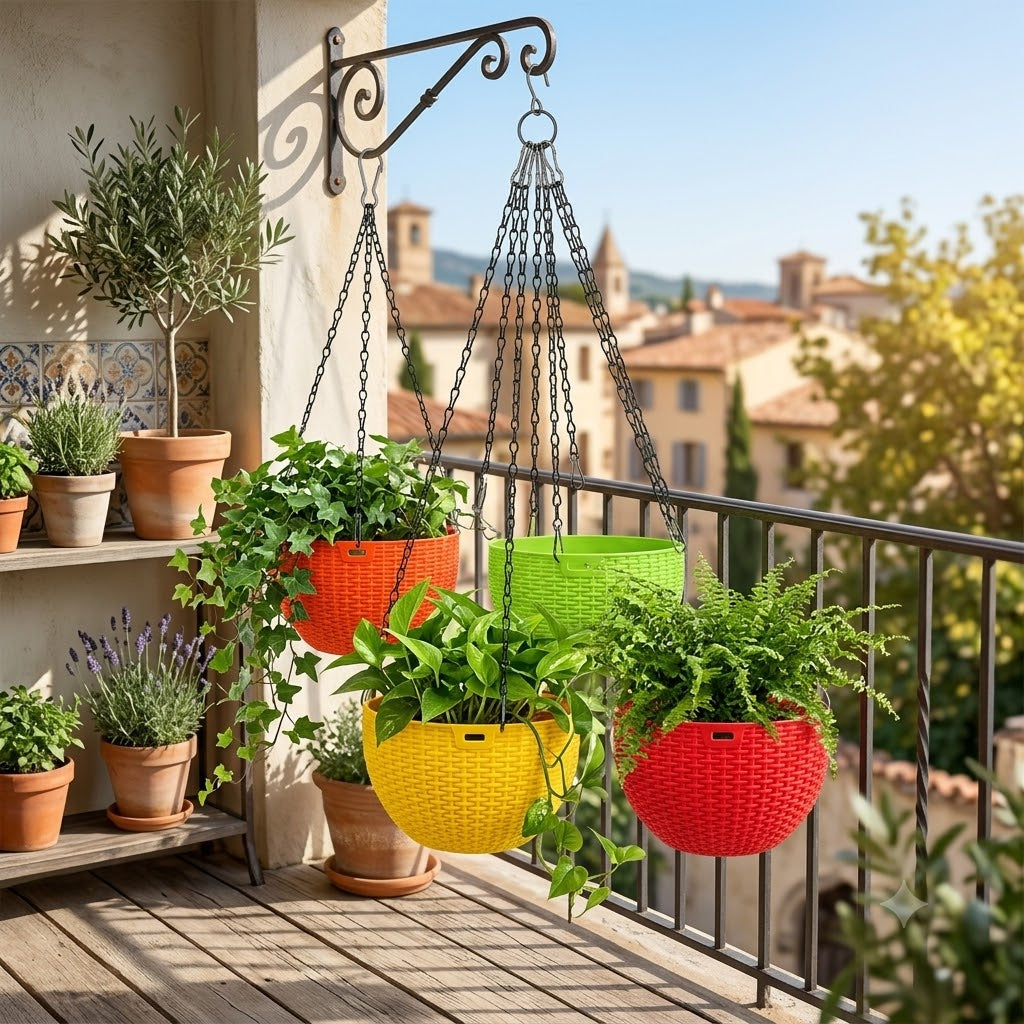 Elevate Your Patio with the Prestige E-Series Euro Basket Set of 4 – Luxury Mix Fresh Hanging Planters Featuring Durable Iron Chains
