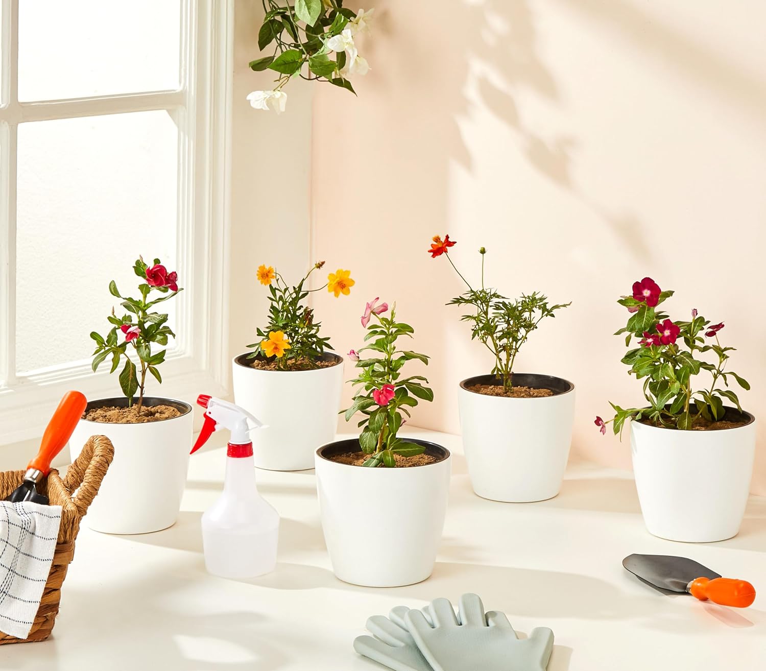 Self-Watering Planter Pots, 6 Inch White Flower Pots with Drainage, Modern Round Design for Indoor Outdoor Plants, Home Office Table Garden Balcony Decor, Set of 5