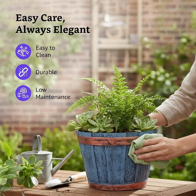Rustic Blue Barrel Planters, Set of 2 – 10 Inch Round Indoor/Outdoor Flower Pots for Home, Office, Balcony & Terrace Decor