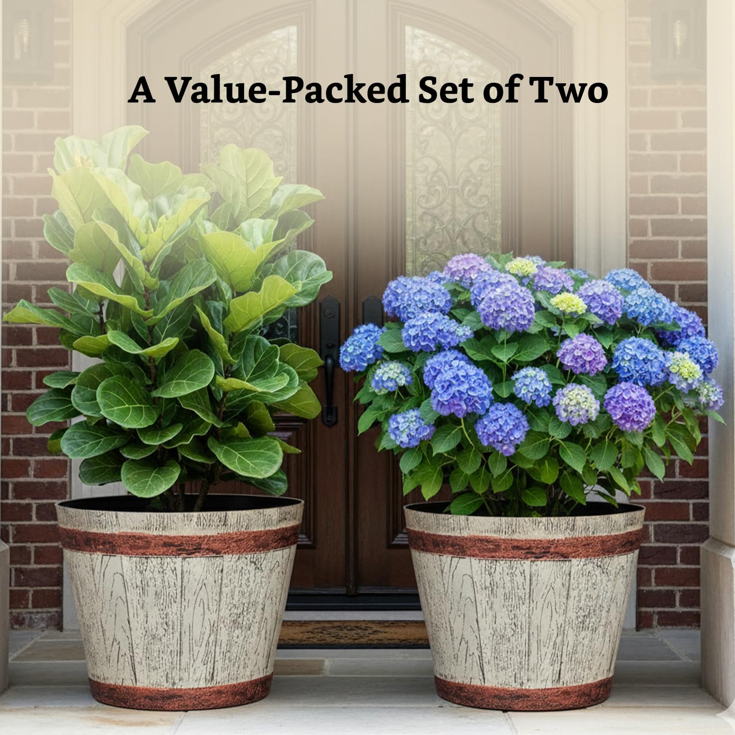 Whiskey Barrel Style Planters Set of 2 - 18" & 14" Round Flower Pots Rustic Farmhouse & Home Decor