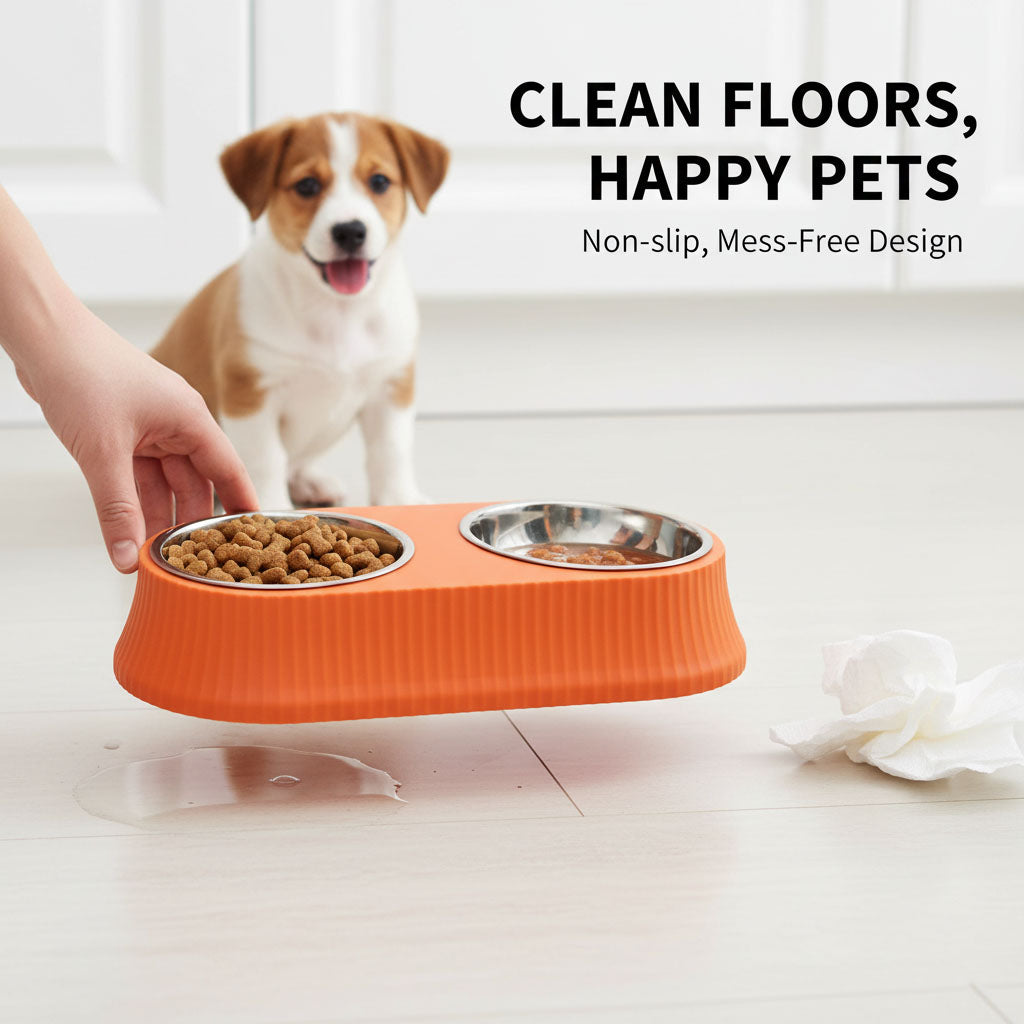 Stainless Steel Double Dog & Cat Bowl Set with Non-Slip Base – 12.5 Inch