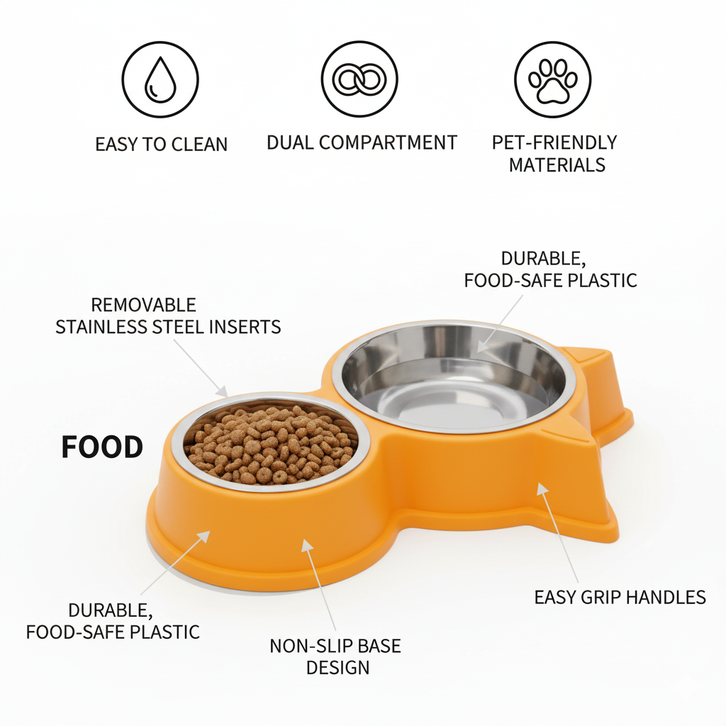 Cat & Dog Ear Double Bowl Pet Feeder – Stainless Steel Bowls, Non-Slip Base – 11.5 Inch