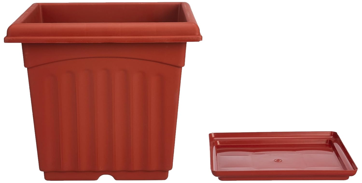 Square Plastic Planters with Bottom Trays – Set of 4, 14 Inch, Brown | UV Treated, Durable Flower Pots for Indoor & Outdoor Use – Home, Office, Balcony, Garden