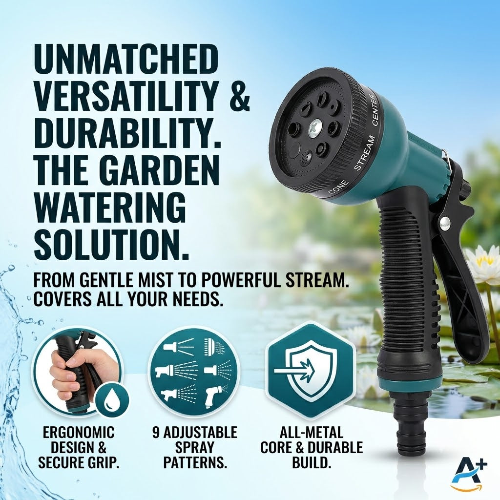 8-Pattern Garden Hose Spray Nozzle Gun – Heavy-Duty Water Sprayer