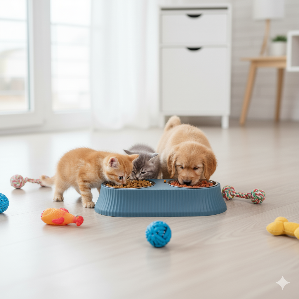 Stainless Steel Double Dog & Cat Bowl Set with Non-Slip Base – 12.5 Inch