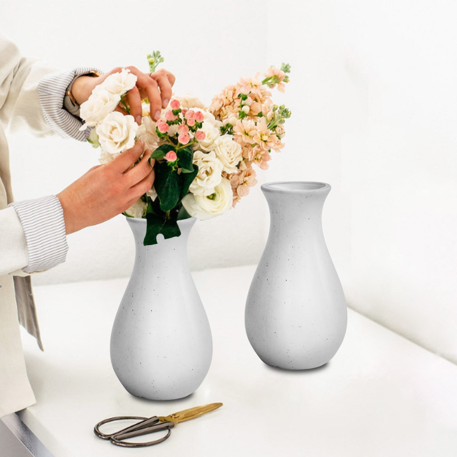 6 Inch Round White Lucky Plastic Flower Vases  Indoor Decor (Set of 4)