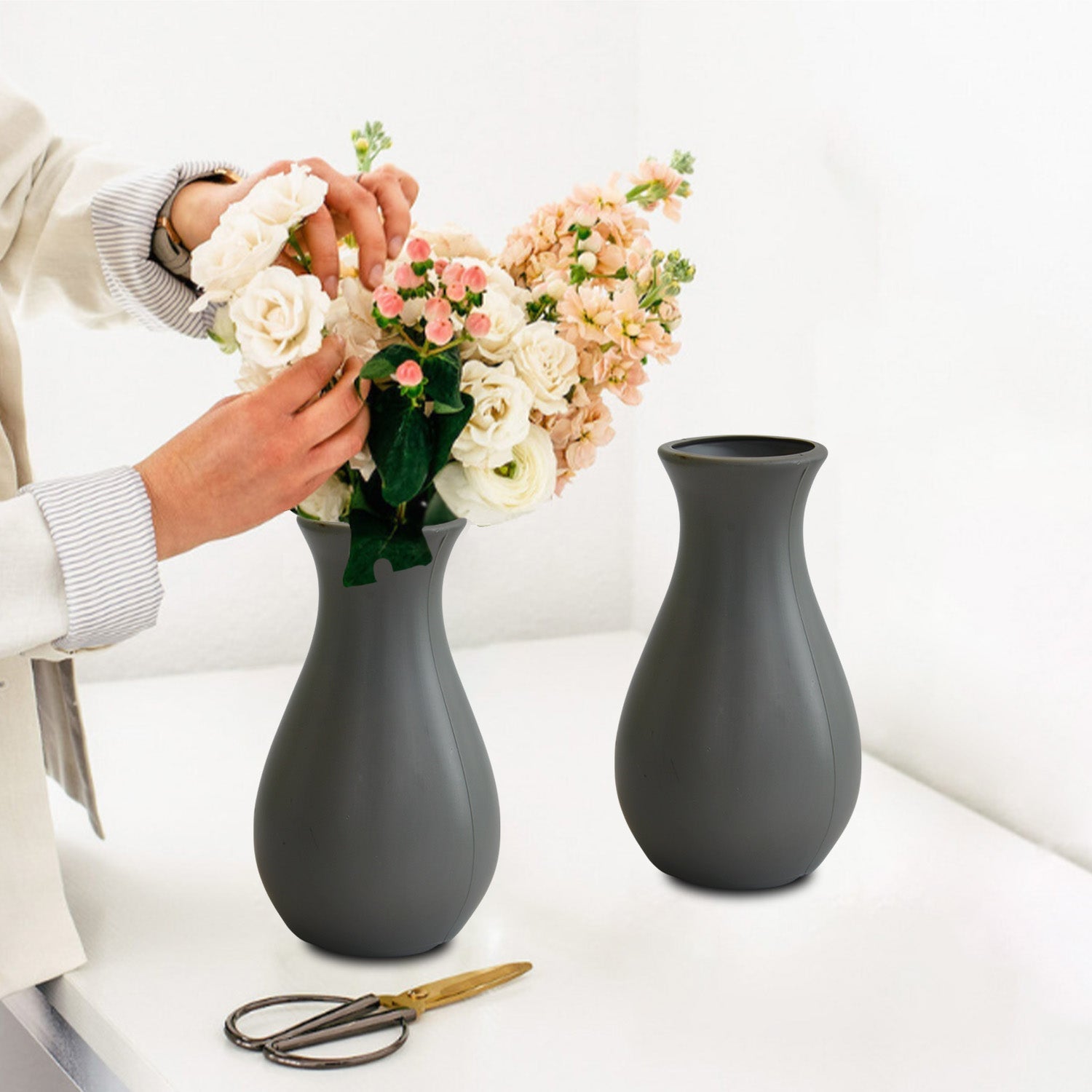 6 Inch Round Grey Lucky Plastic Flower Vases  Indoor Decor (Set of 2)