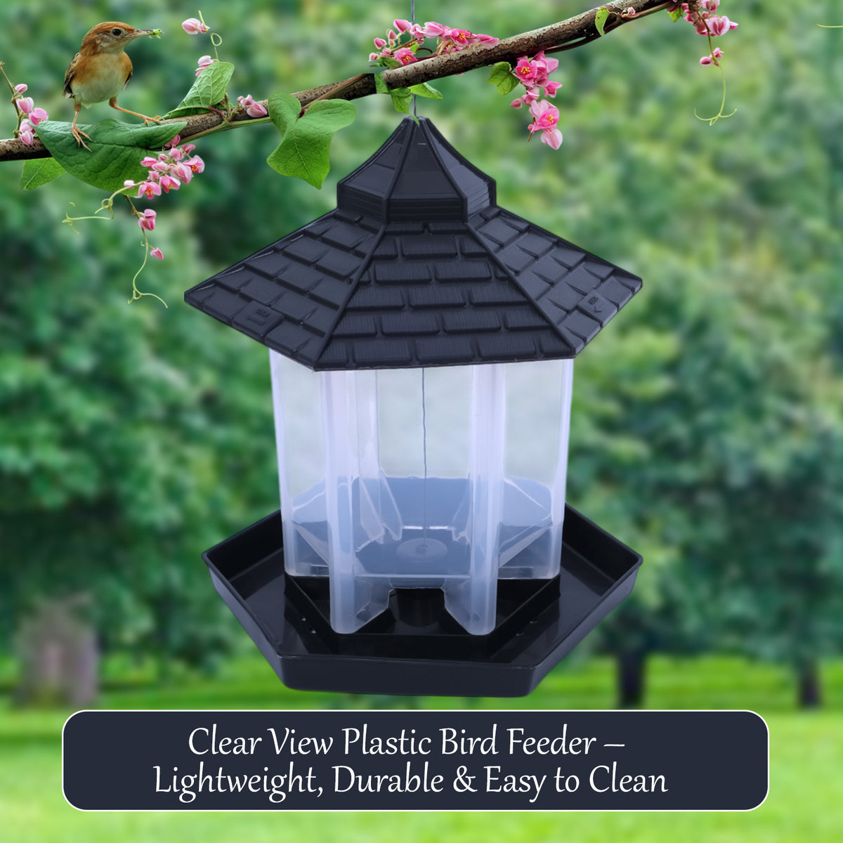 Hut Shaped Bird Feeder with Transparent Grain Holder with Hanging Wire (Green)