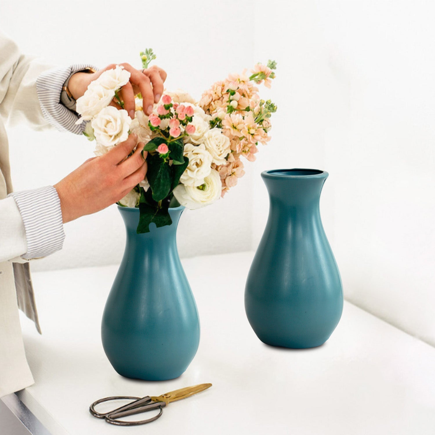 6 Inch Round Grey Lucky Plastic Flower Vases  Indoor Decor (Set of 2)