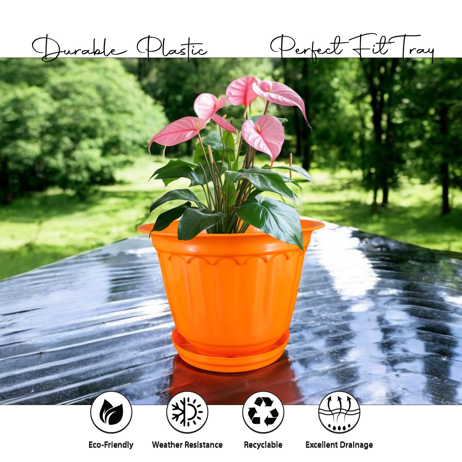 12 Inch Jasmine Planters with Drip Tray Home & Garden Decor (Set of 3)