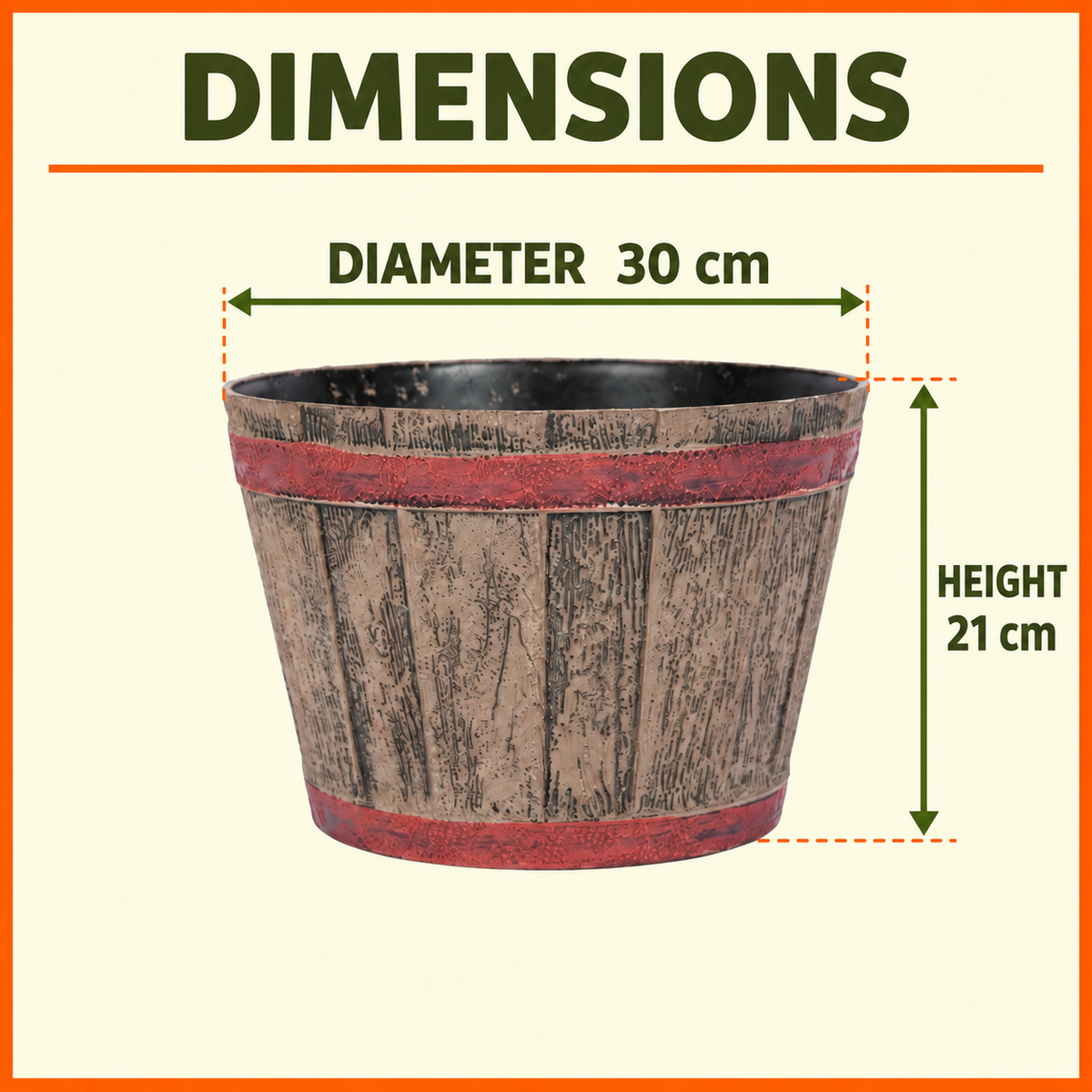 Wooden Barrel Design Flower Plastic Planter Pot – 12 Inch Round Indoor/Outdoor Set of 2 –  Barrel Style Plant Pots for Home, Balcony, Terrace & Office Decor