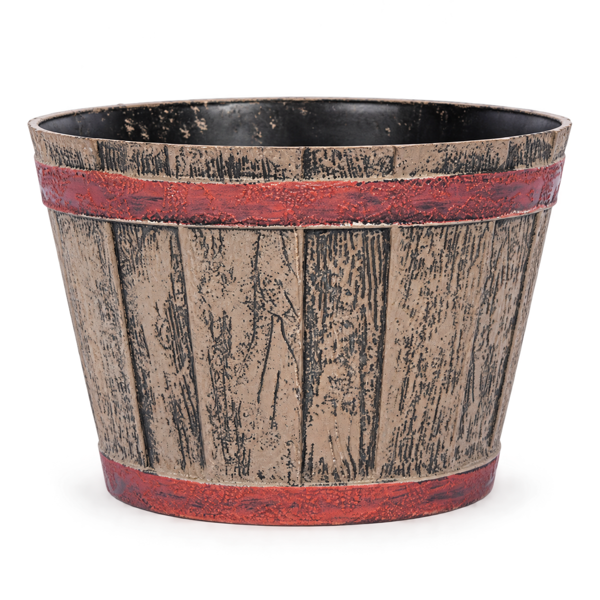 Wooden Barrel Design Flower Plastic Planter Pot – 12 Inch Round Indoor/Outdoor Set of 2 –  Barrel Style Plant Pots for Home, Balcony, Terrace & Office Decor