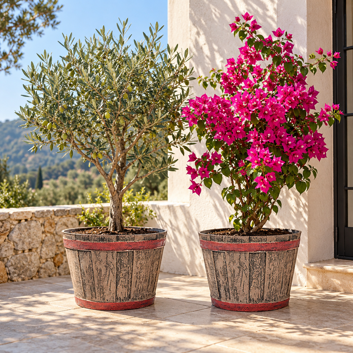 Wooden Barrel Design Flower Plastic Planter Pot – 12 Inch Round Indoor/Outdoor Set of 2 –  Barrel Style Plant Pots for Home, Balcony, Terrace & Office Decor
