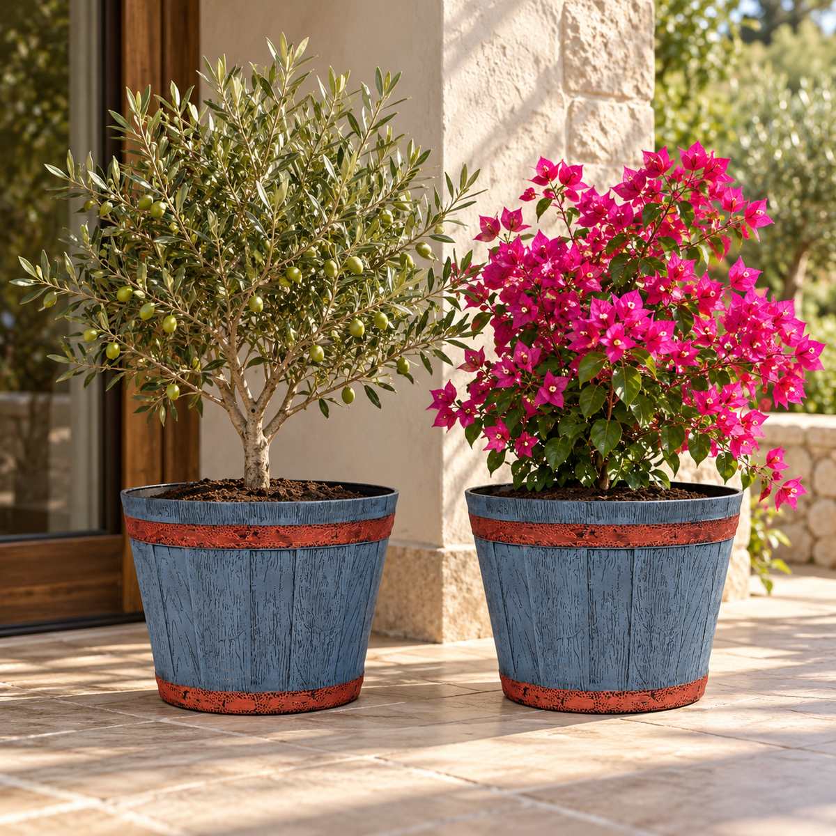 Wooden Barrel Design Flower Plastic Planter Pot – 12 Inch Round Indoor/Outdoor Set of 2 –  Barrel Style Plant Pots for Home, Balcony, Terrace & Office Decor