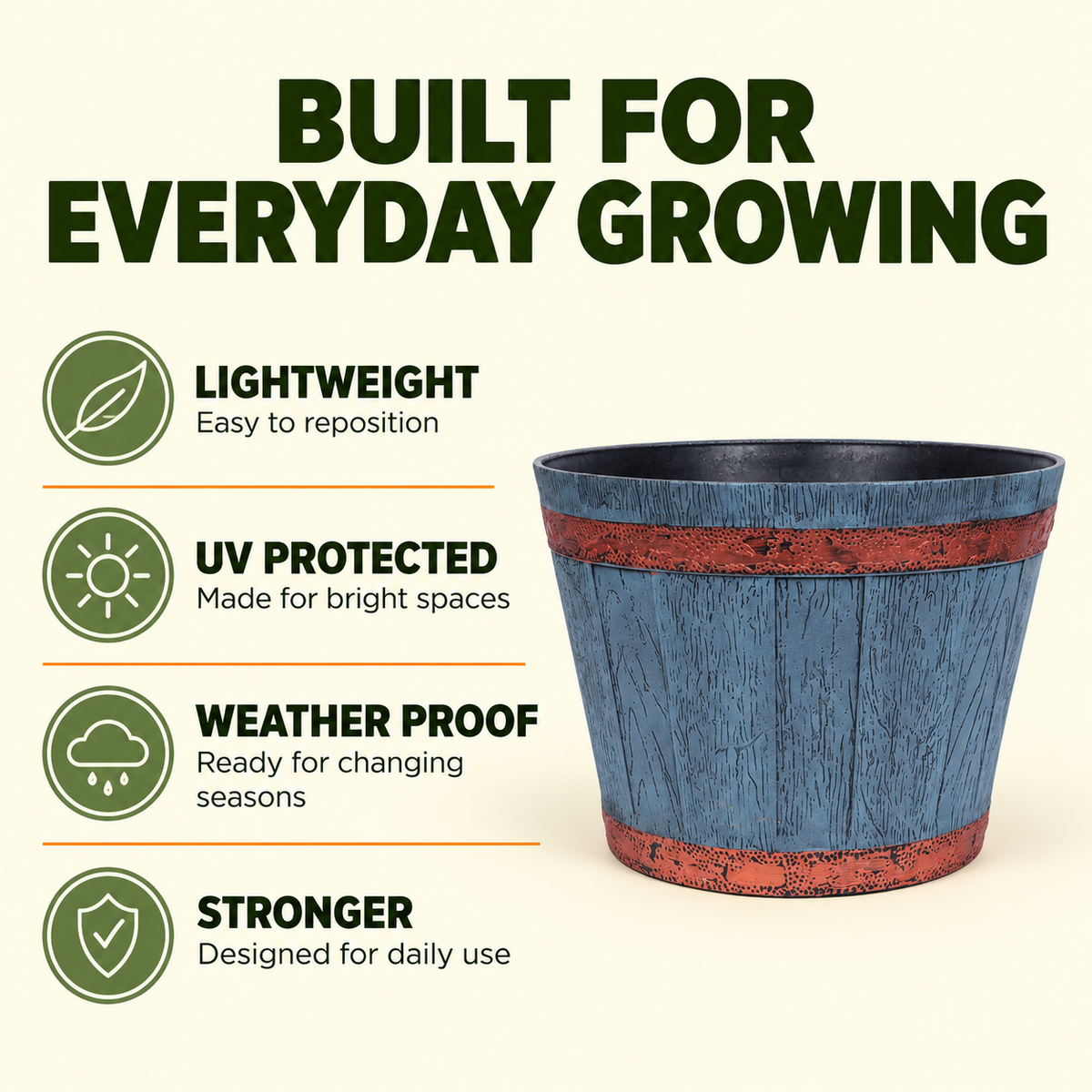 Wooden Barrel Design Flower Plastic Planter Pot – 12 Inch Round Indoor/Outdoor Set of 2 –  Barrel Style Plant Pots for Home, Balcony, Terrace & Office Decor
