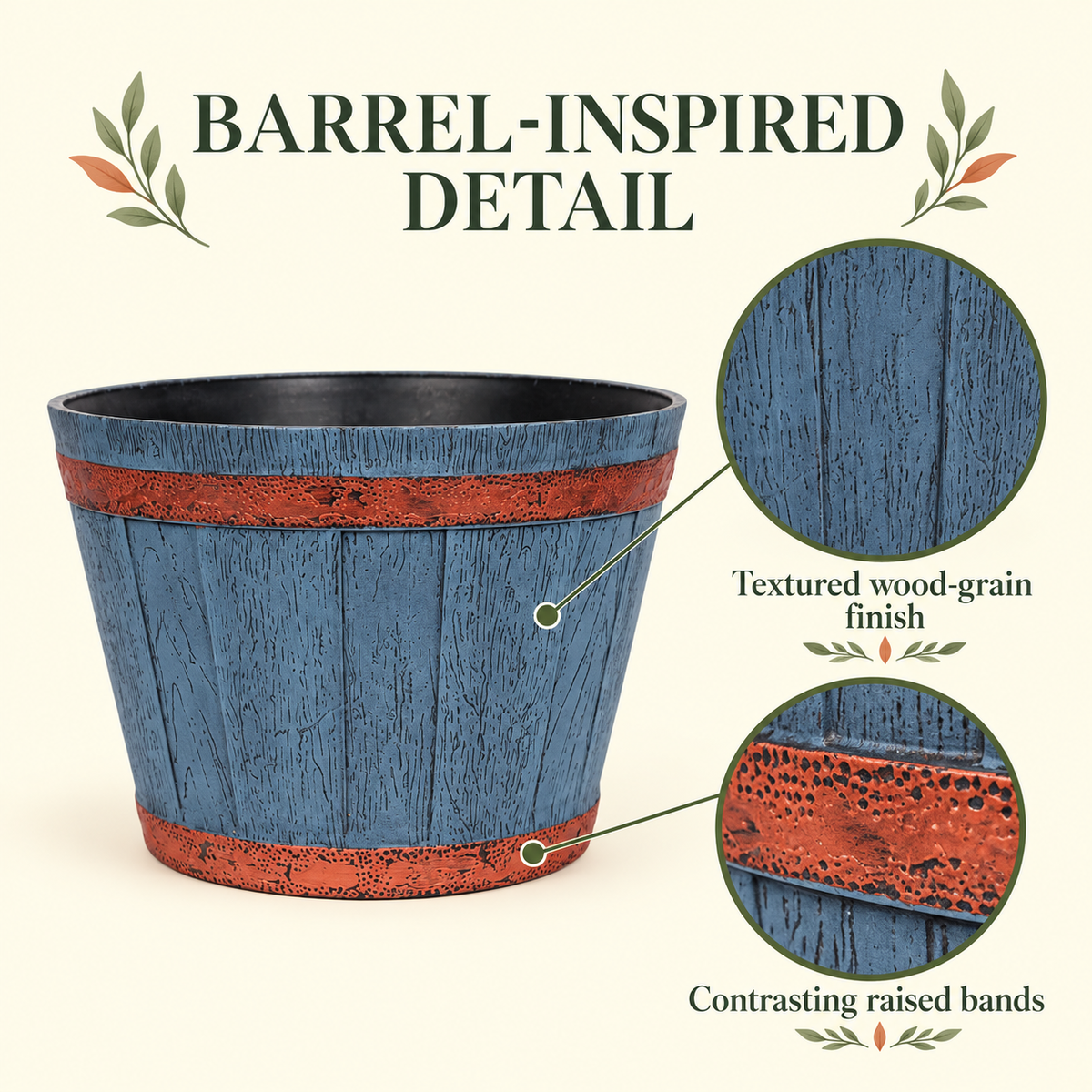 Wooden Barrel Design Flower Plastic Planter Pot – 12 Inch Round Indoor/Outdoor Set of 2 –  Barrel Style Plant Pots for Home, Balcony, Terrace & Office Decor